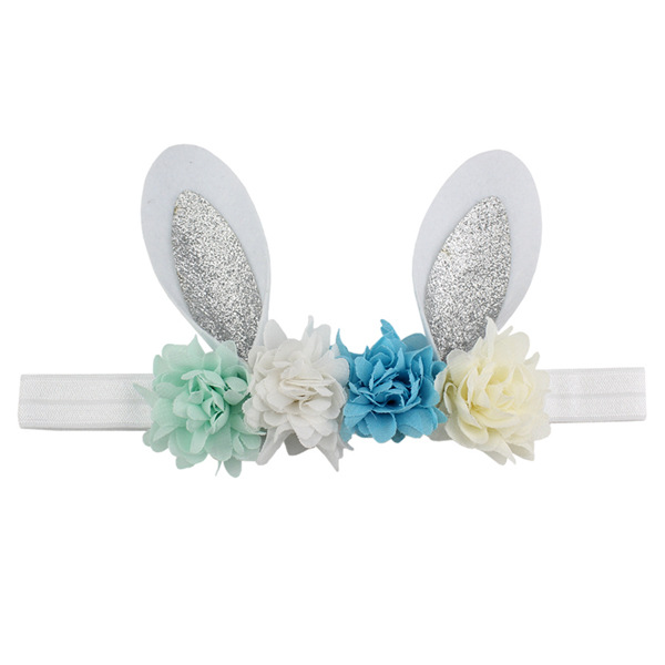2.5" Easter Day Shabby Chiffon Flowers Headband Bunny Ears