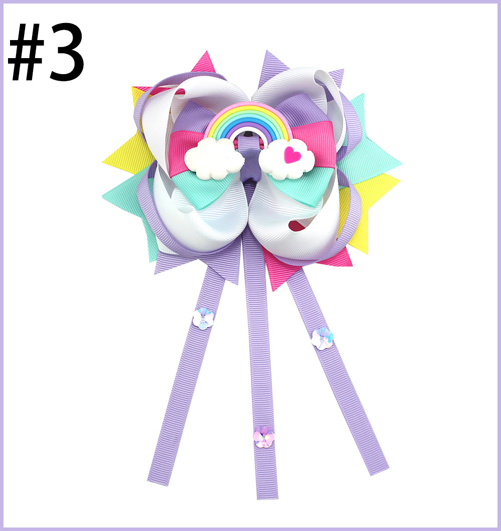 5.5\'\' big Rainbow Hair Bow with Clip unicorn Grosgrain Ribbons H