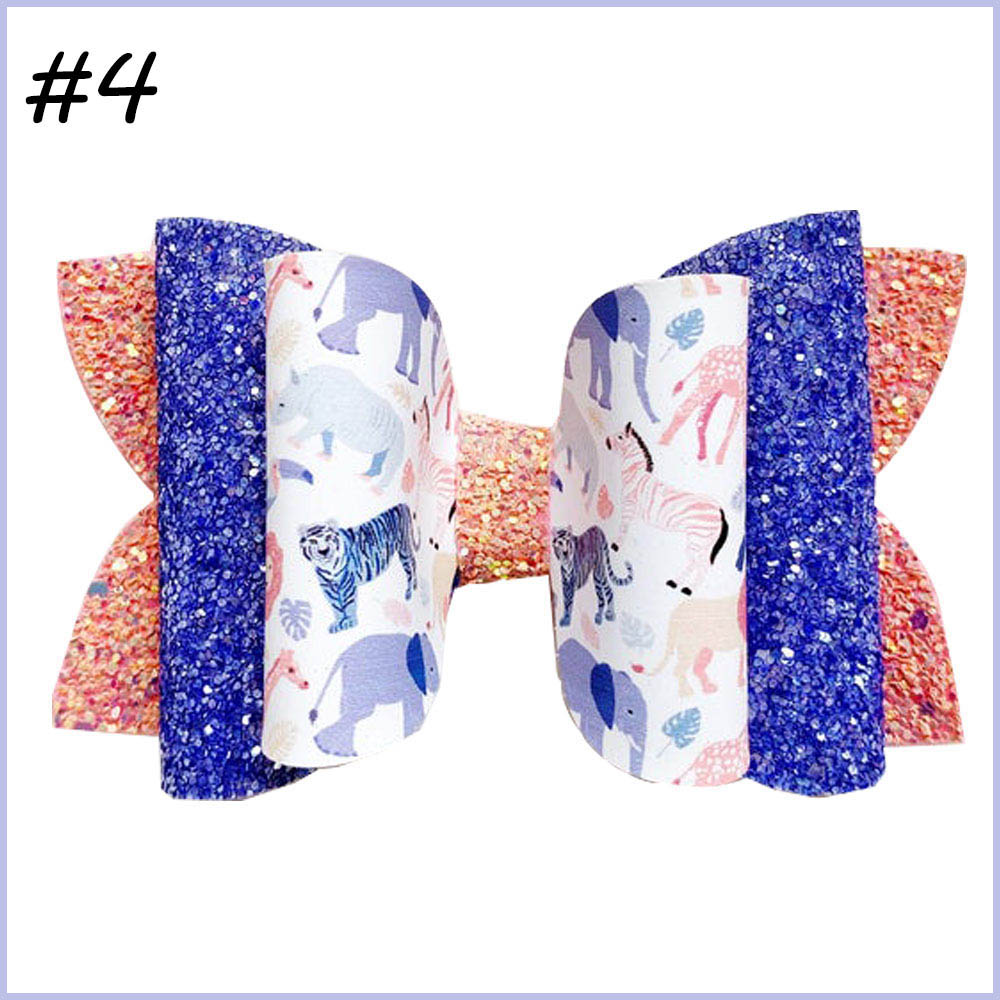 3.5'' Glitter hair bows with printed leather flower unicorn