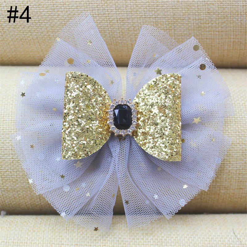 4'' Glitter tulle rhinestones hair bows large chiffon clip bow