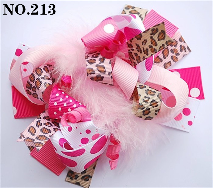 5.5inch leopard animal funky fun hair bows with feather for girl