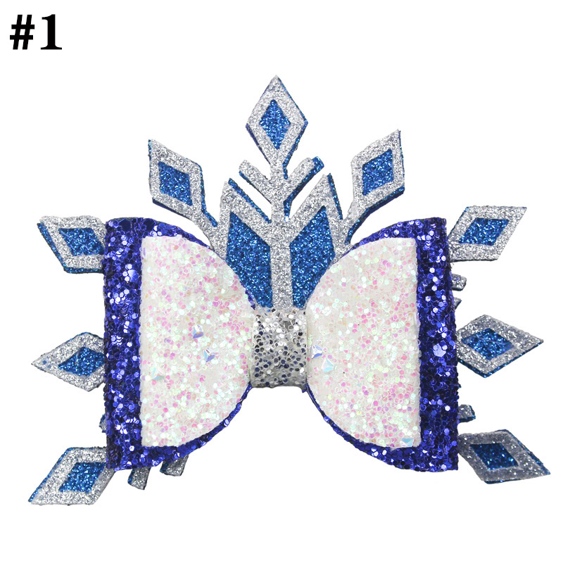 4'' Glitter snowflake hair bows large bling leather clip