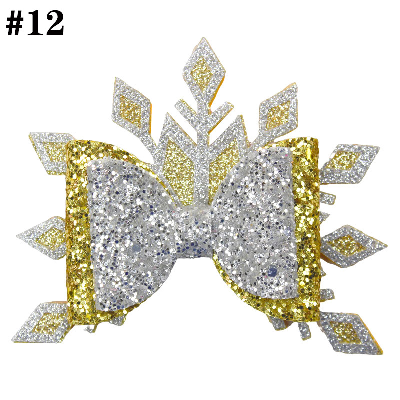 4'' Glitter snowflake hair bows large bling leather clip