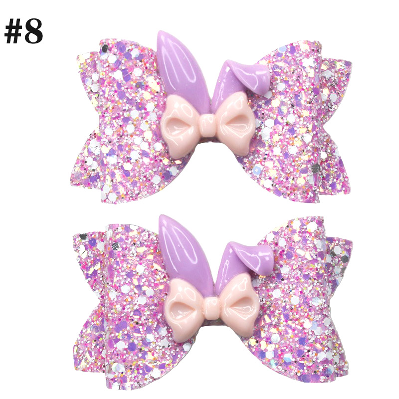 3.5'' Glitter rabbit hair bows easter inspired leather clip