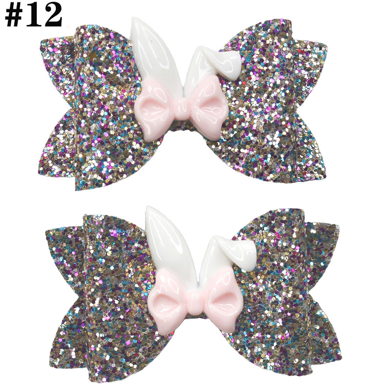 3.5'' Glitter rabbit hair bows easter inspired leather clip