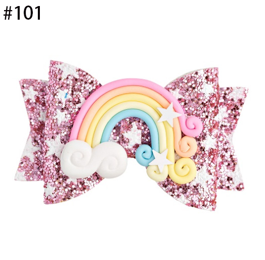 Pinky Heart Rainbow Glitter Bow Sparkly Hair Clip for Women Girl