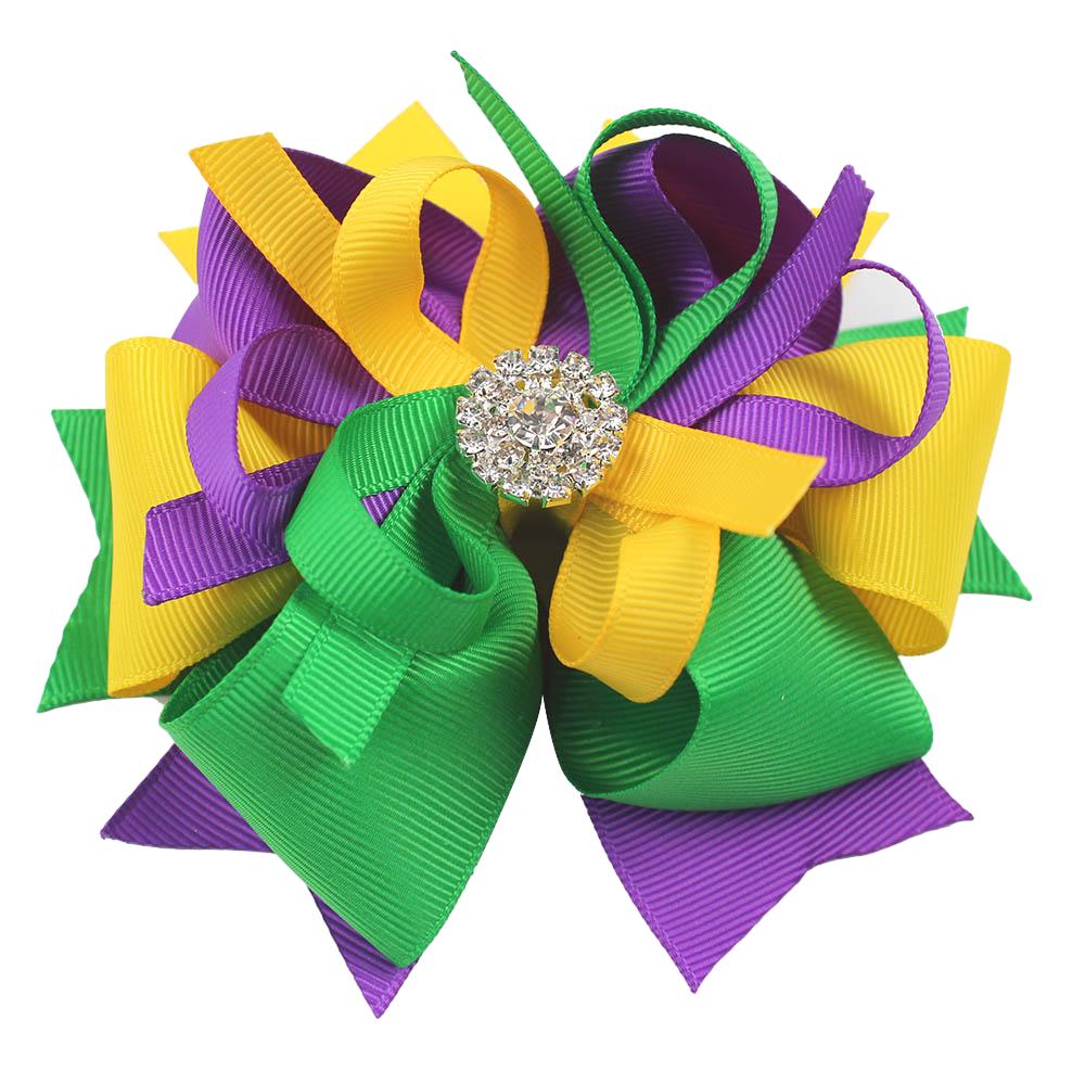 Mardi Gras Hair Bow Gift Girls 5" Purple Gold Green Boutique Rib